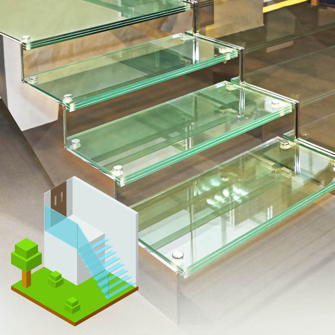 Glasstufen Glastreppen für Außen- & Innenbereich nach Maß aus begehbaren Glas